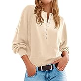 Saodimallsu Womens Button Crew Neck Sweater Fall Long Sleeve Henley Shirts Trendy Loose Knit Pullover Tops