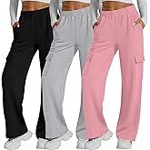 Neer 3 Pack Womens Pants with Cargo Pockets Casual High Waisted Baggy Wide Straight Leg Sweatpants Lounge Joggers Trousers