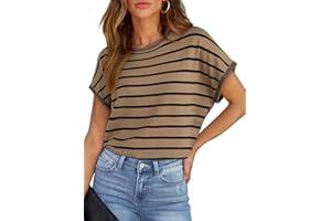 SHEWIN Women's Sweater Vest Casual Crew Neck Cap Short Sleeve Striped Knit Lightweight Pullover Sweaters T Shirt Tops