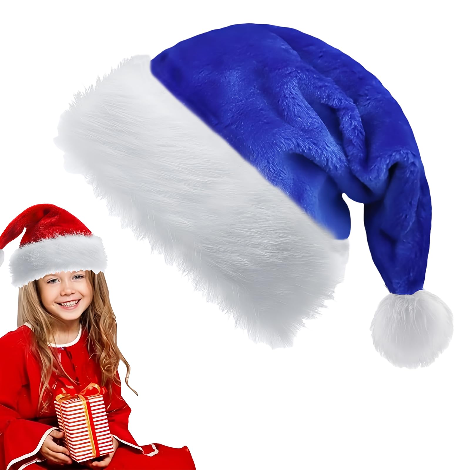 Blue Santa Hat Deluxe Christmas Hat for Kids,Adults,32*45cm Luxury Xmas Hat Plush Santa Claus Hat,Unisex Christmas Party Hat,Father Christmas Hat Costume Gifts for Women,Men Xmas New Year Party Hat