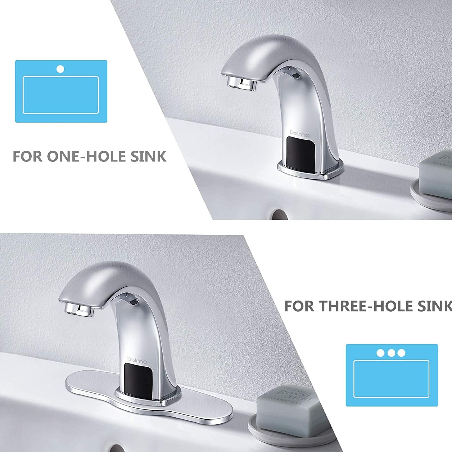 Dalmo Automatic Sensor Touchless Bathroom Sink Faucet with Hole Cover Plate, Chrome Hands Free Bathroom Water Tap with Control Box and Temperature Mixer, 1-Hole/3-Hole Vanity Faucet, Battery Powered: Home Improvement