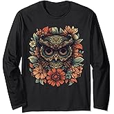 Owl Halloween T-shirt Dia De Los Muertos Floral Sugar Skull Long Sleeve T-Shirt