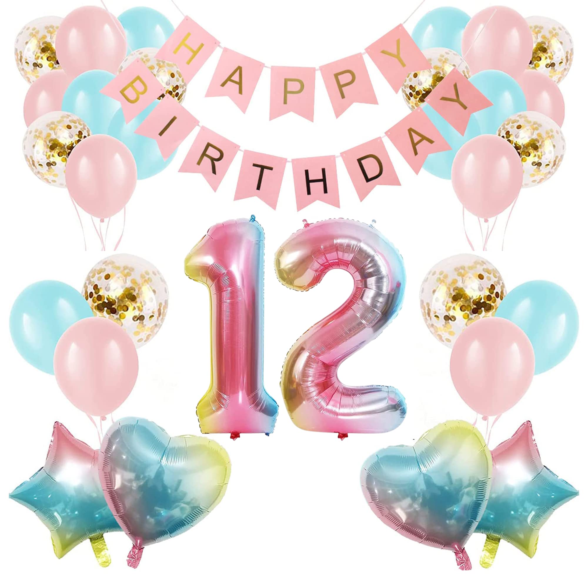 Apradas Baby Girl 12th Birthday Decor Gradient Color Age Balloons With Happy Banner for Baby Showers, Party Supplies for Girls Boys (12nd-Birthday), Medium (BL-248)