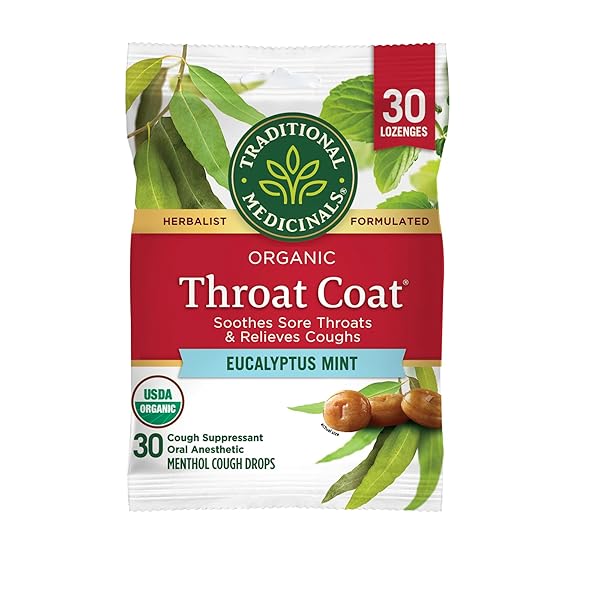 TRADITIONAL MEDICINALS THROAT COAT ORGANIC COUGH DROPS, EUCALYPTUS MINT WITH MENTHOL, SOOTHES SORE THROATS & RELIEVES COUGHS, 30CT.