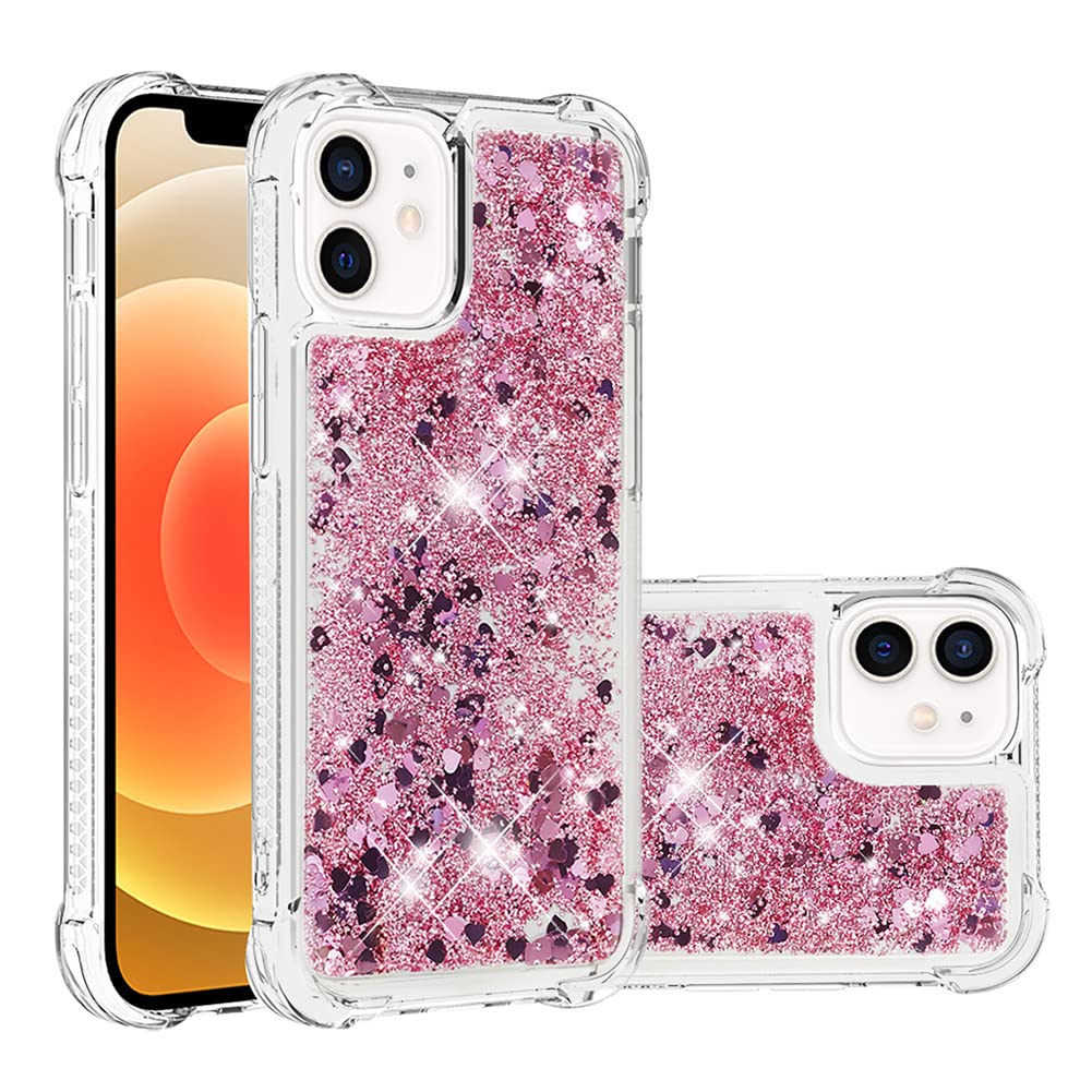 IMEIKONST Compatible with iPhone 12 Mini Glitter Case, Liquid Sparkle Quicksand Clear Transparent Sequin Girls Slim TPU Bumper Silicone Shockproof Cover for iPhone 12 Mini. Love Rose YBW