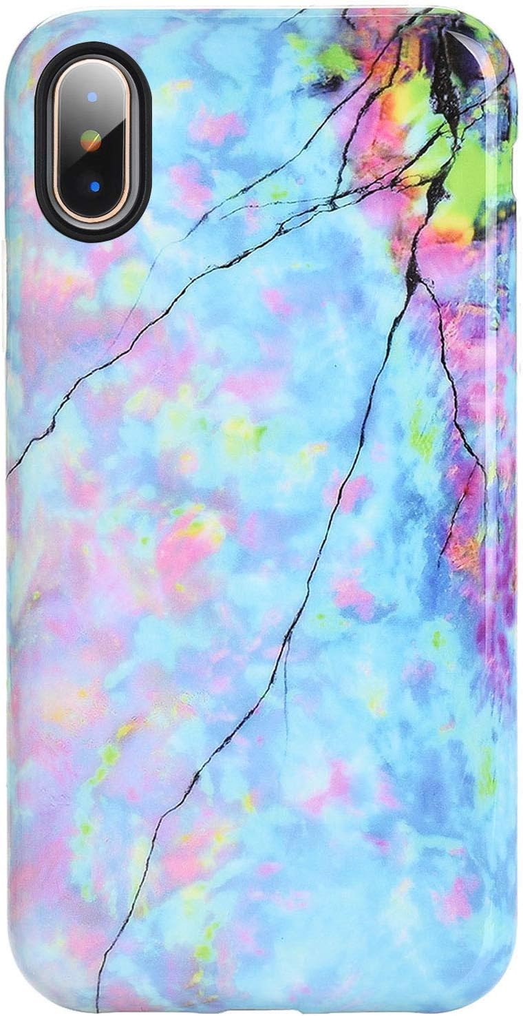 DICHEER iPhone X Case,iPhone Xs Case,Blue Pink Opal Marble Slim Fit Thin Clear Bumper Glossy TPU Cute for Women Girls Soft Rubber Silicon Cover Protective Case for iPhone X iPhone Xs