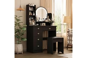 MOUMON Vanity Desk Vanity Mirror Makeup Desk with Lights, Vanity Desk with Mirror and Lights, Makeup Vanity with Drawers and Shelves, Crystal Handles, Cushion Stool, Black