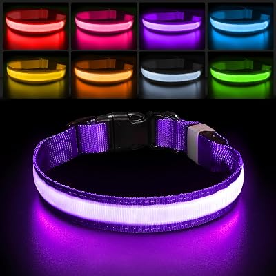 PcEoTllar Light Up Dog Collar Rechargeable 7 Colors 9 Modes Purple