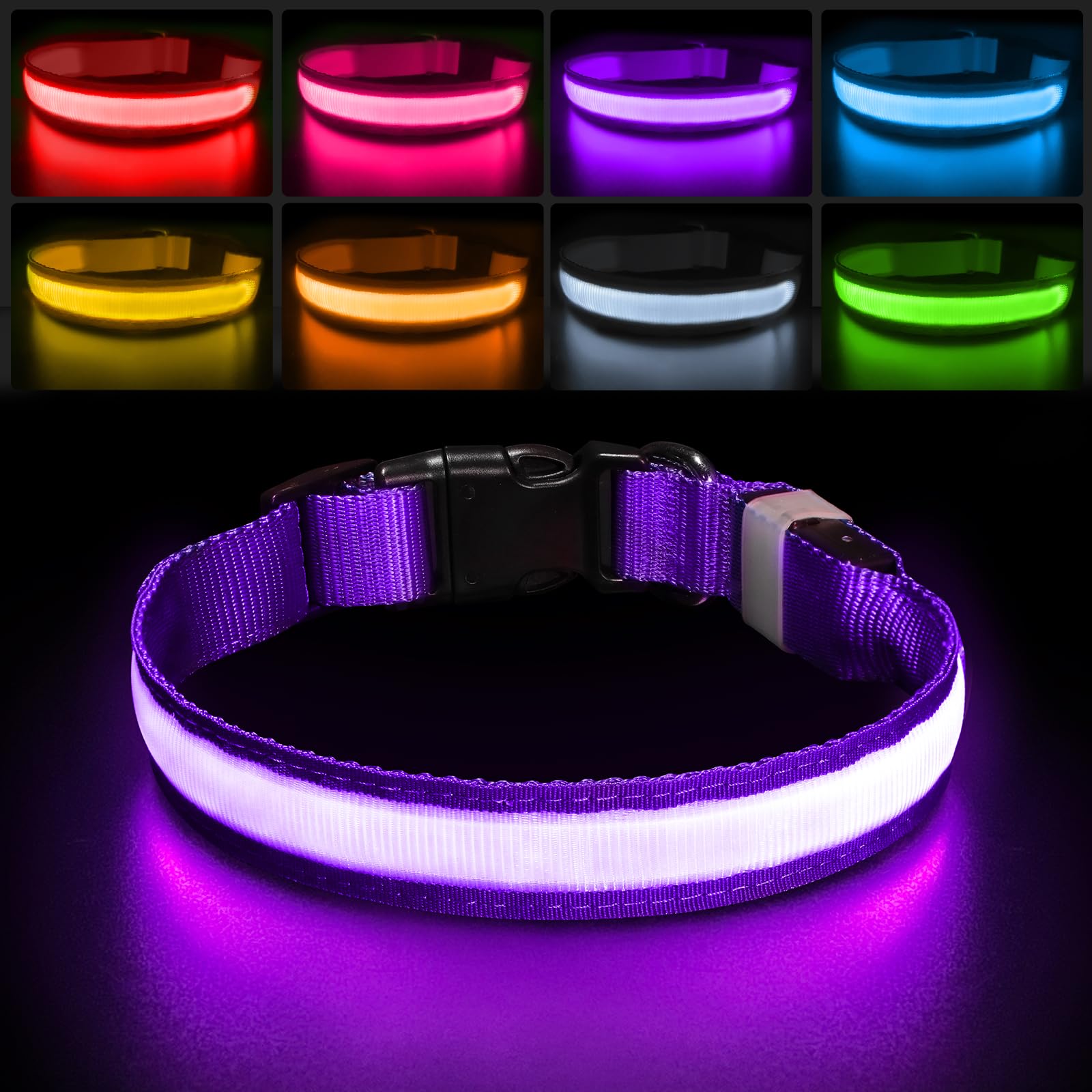 PcEoTllar Light Up Dog Collar - Rechargeable Flashing LED for Night, Adjustable for Small Medium Large Dogs, Waterproof 7 Colors, Purple(9 Modes)