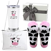 UAREHIBY Cow Themed Gifts,Best Idea Gift- Cute 20 OZ Wine Tumbler and Socks for Women,Cosmetic Bag Gift Basket Box Set for Cows Lover,Cute Cows Print Stuff for Farm Animal