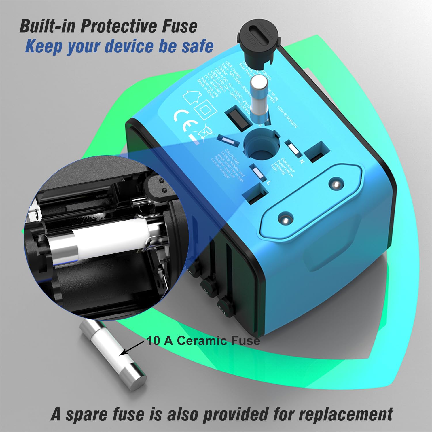 SAUNORCH Travel Adapter Worldwide, Universal International Power Plug Adapter W/2.4A 3xUSB-A and 3.0A Type-C Wall Charger, European Travel Plug Adapter for Europe UK EU US CA AU Italy Asia-Blue