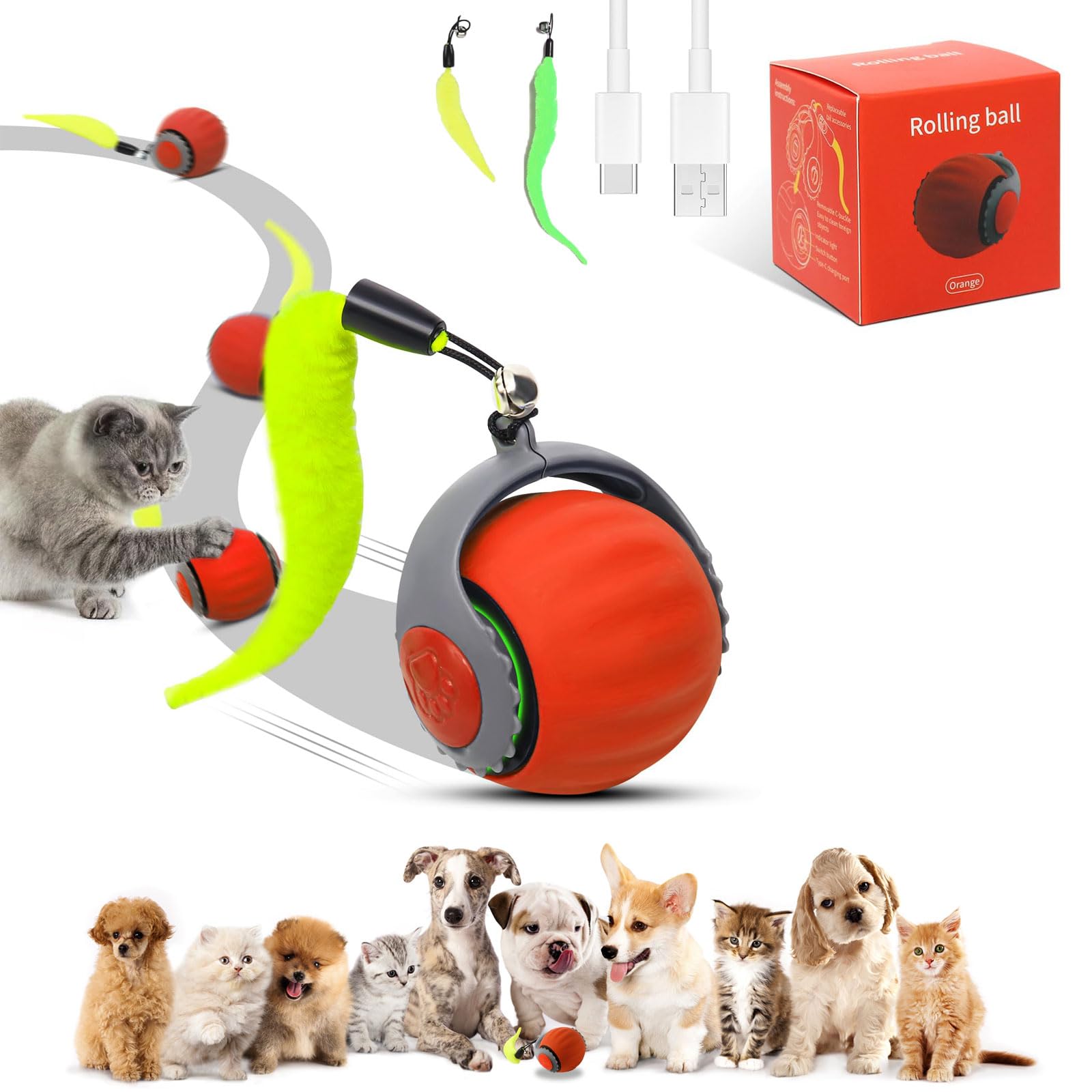 Photo 1 of HANIPUPPY Interactive Cat Ball Speedy Tail 3.0 Pet Toy Rolling Ball, Interactive Toys for Indoor Cats, 360° Smart Automatic Dog Kitten Toy Turbo Tail Electronic Bouncing Balls Extra Tails (Red)