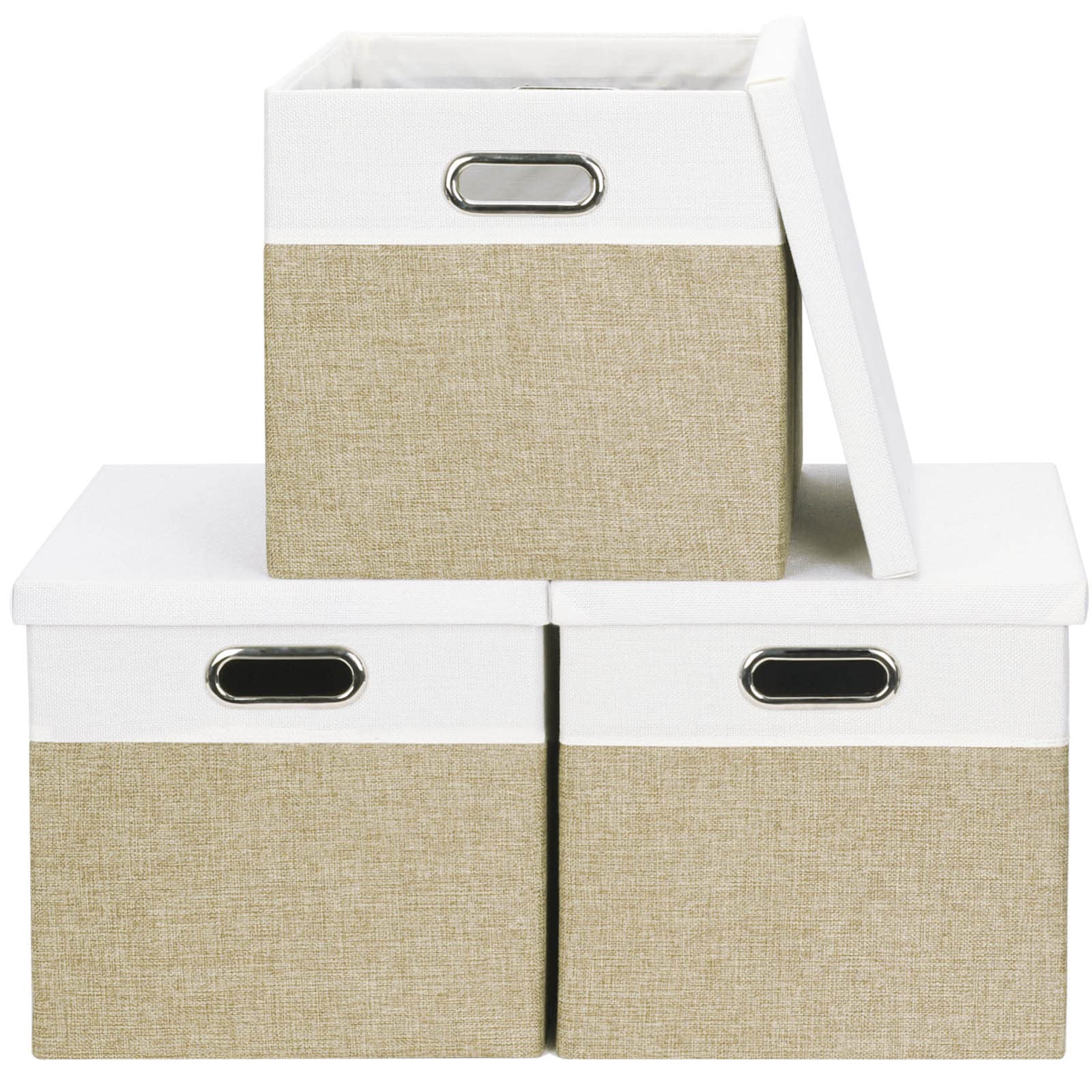 Febzoce Storage Boxes with Lids, Storage Cubes for Unit Shelves Collapsible Fabric Storage Basket Toy Box Organizer Light Brown and White 30 x 30 x 30 cm 3 Pack