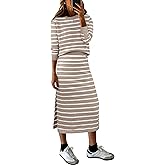 KLWCJFFF Women 2 Piece Outfits Striped Sweater Skirt Sets Fall Casual Long Sleeve Pullover Top Lounge Travel Midi Dress