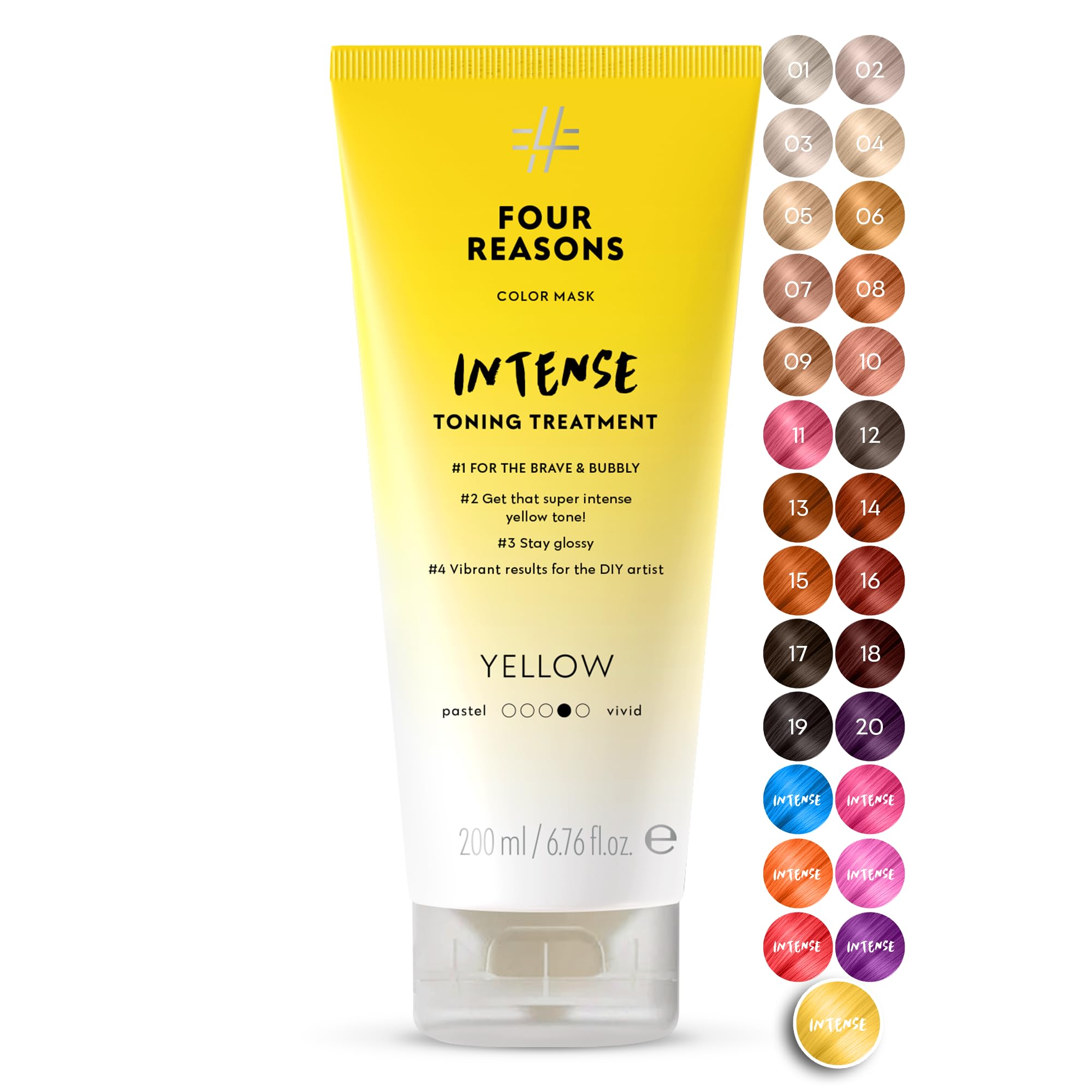 FOUR REASONS Color Mask INTENSE Yellow (27 Colours) - Intensive Toning Treatment - Colour Depositing Conditioner – Semi Permanent Yellow Hair Dye for Lightened and Coloured Hair– 100% Vegan, 200 ml