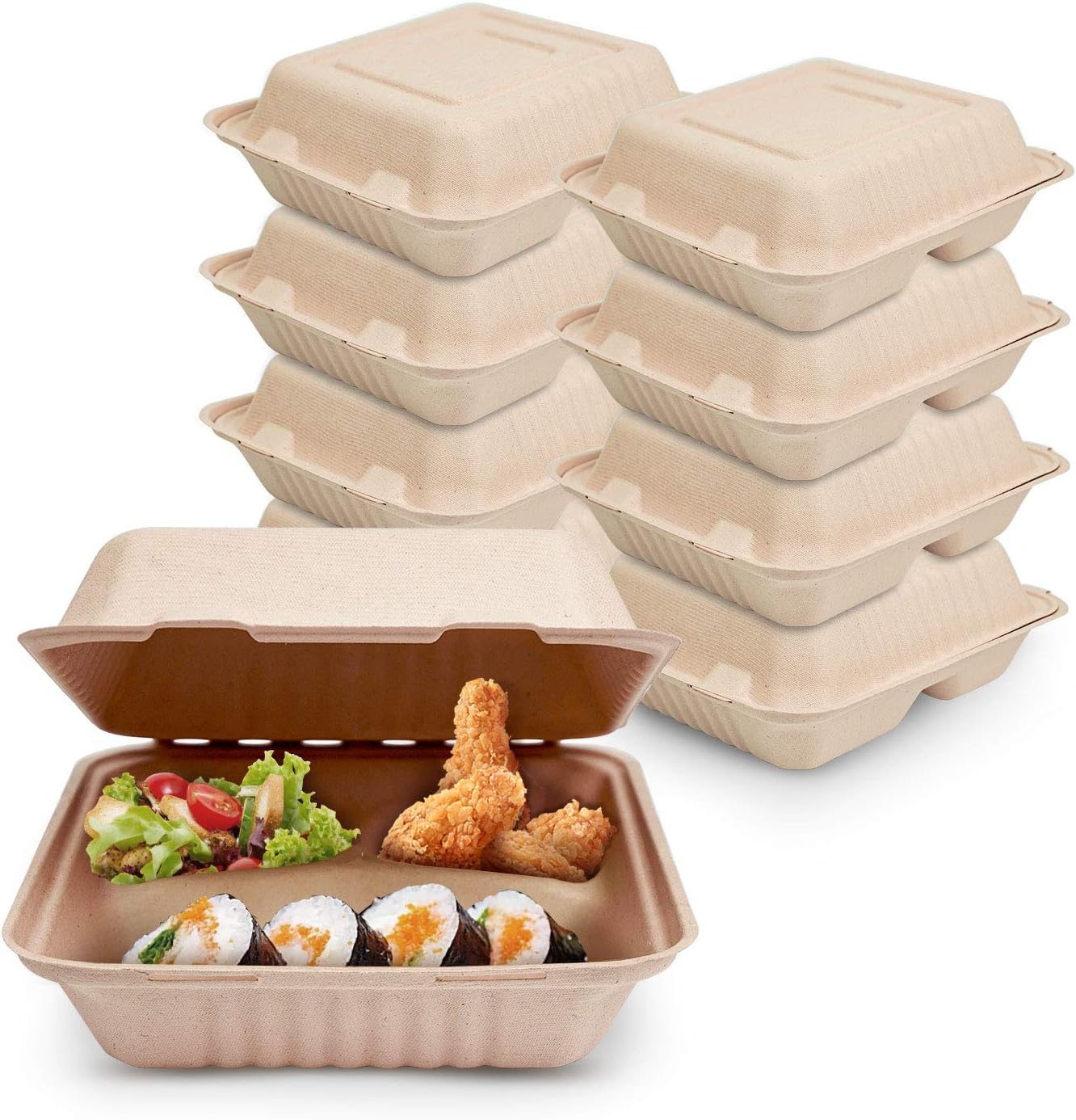 Miibox 100% Compostable Three Compartment Hinged Lid Food Container, Size 8