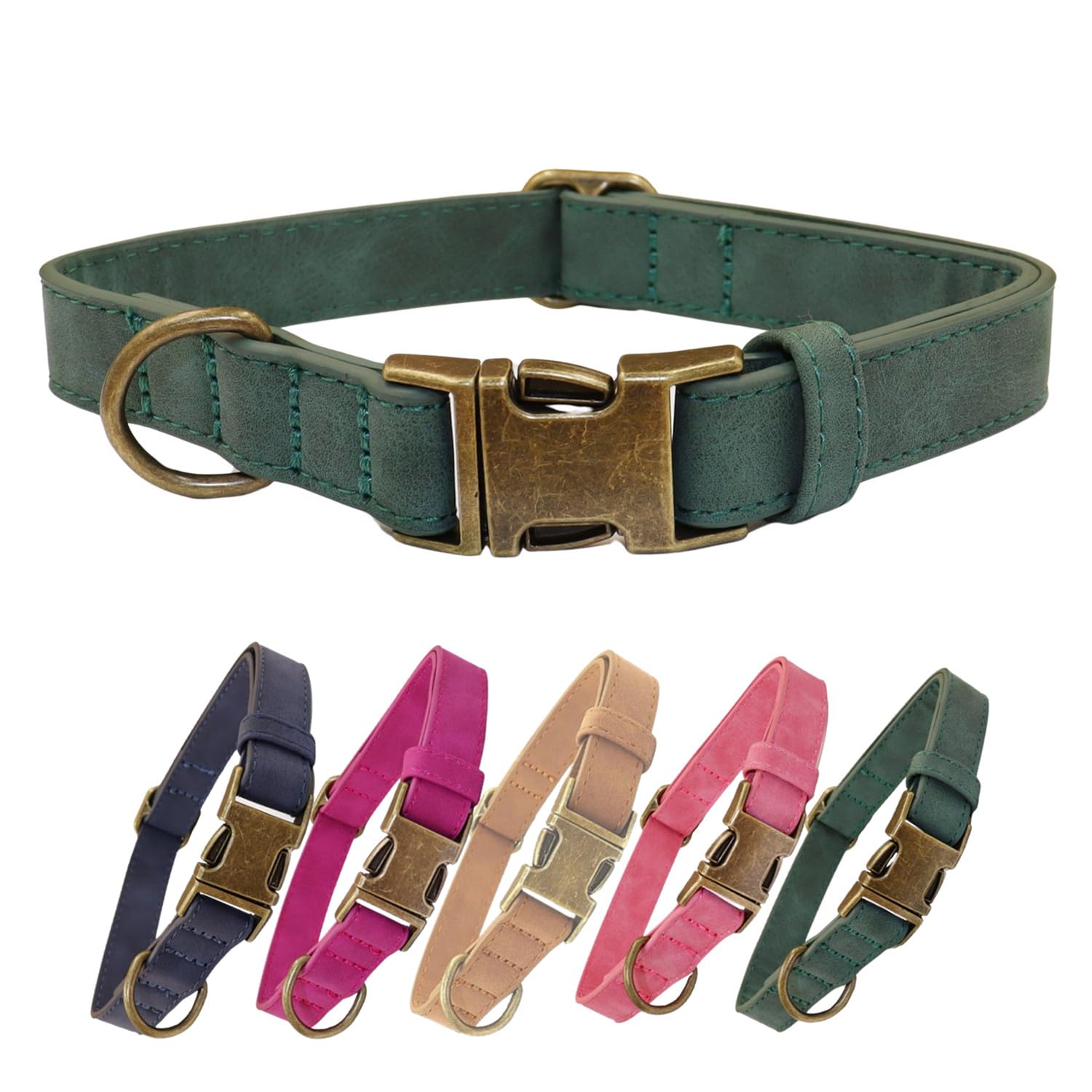 THAIN Soft Leather Dog Collar, Heavy Duty Metal Buckle Padded Dog Collar Quick Release, Adjustable Pet Collar for Small Medium Large Dogs Breeds (Dark Green, S)