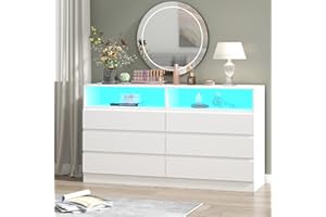 Gyfimoie 6 Drawer Double Dresser with Power Outlet, Accent Chests of Drawers with LED Light, Modern White Storage Dresser with Charging Station (Mirror Not Included)
