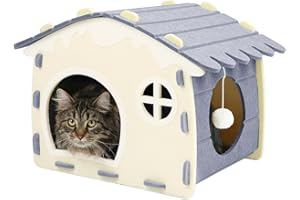 INFANZIA Cat House for Indoor Cats Felt Covered Bed Cave with Ball Hanging, 22" Foldable Cat Condo for Multiple & Large Pets Up to 20Lbs, Scratch-Resistant Cat Tunnel Hideaway, Grey