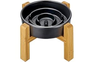 MOPANG Ceramic Slow Feeder Dog Bowls Elevated for Small Breed, Slow Feeder Cat Bowl, 0.6 Cup Dog Slow Feeder with Wooden Stand, Puzzle Bowl for Small Dogs and Cats, Maze Bowl, 6in, Black
