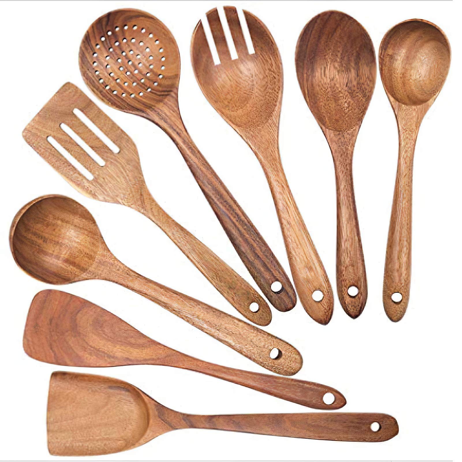 rismart 8pcs Wooden Cookware Kitchen Utensil Nonstick Natural Wood Spatula, Spoon, Colander and Salad Fork Cooking Set, 8pcs