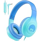 rockpapa Kids Headphones, Wired Headphones for Kids with Microphone, 85/94dB Volume Limiter Head Phones for Girls Boys, Foldable Headphone for School Tablet Laptop Blue Green