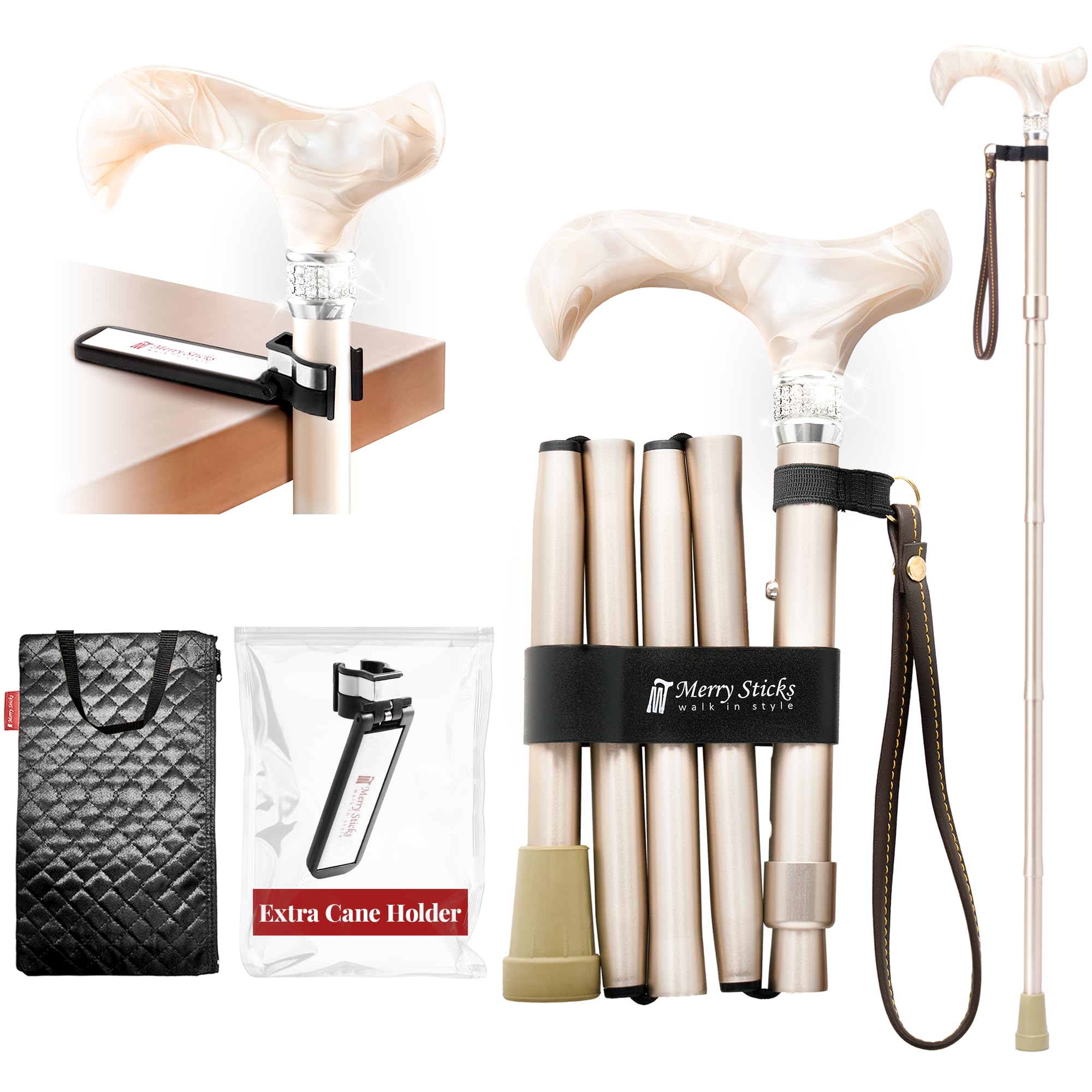 Photo 1 of [Combo] Merry Sticks Designer Foldable Walking Canes with Finest European Crystals, Folding Cane for Women and Men, Adjustable & Collapsible for Senior, Stylish Rhinestone Gift - Royal Champagne Gold