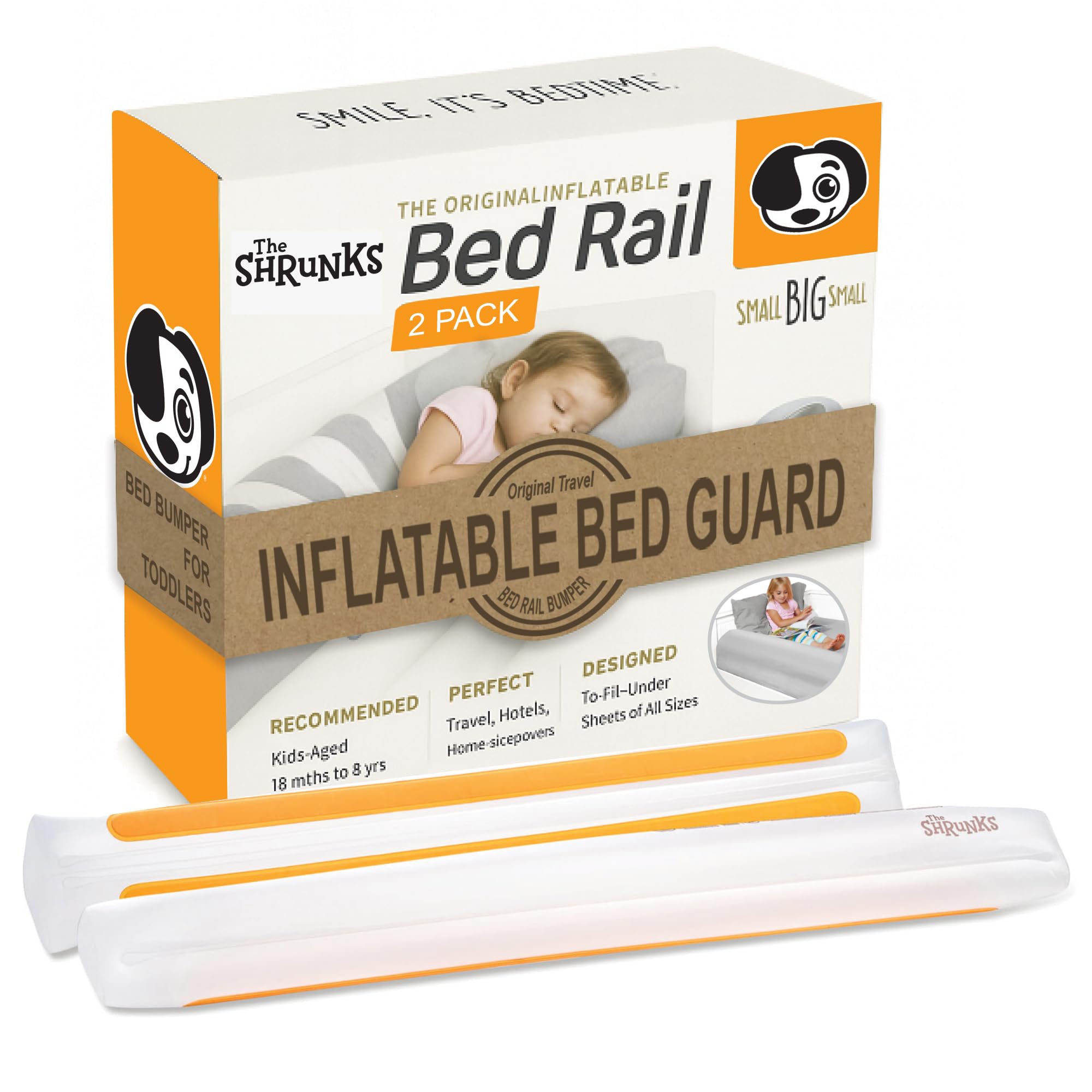 The Shrunks Sleep Security Inflatable Bed Guard (2 Pack) - Safe & Portable Toddler Bed Guard / Cot Bumpers for Travel, Holiday or Home Use, 122x18x10cm fits under Bed Sheet with non-slip grips.