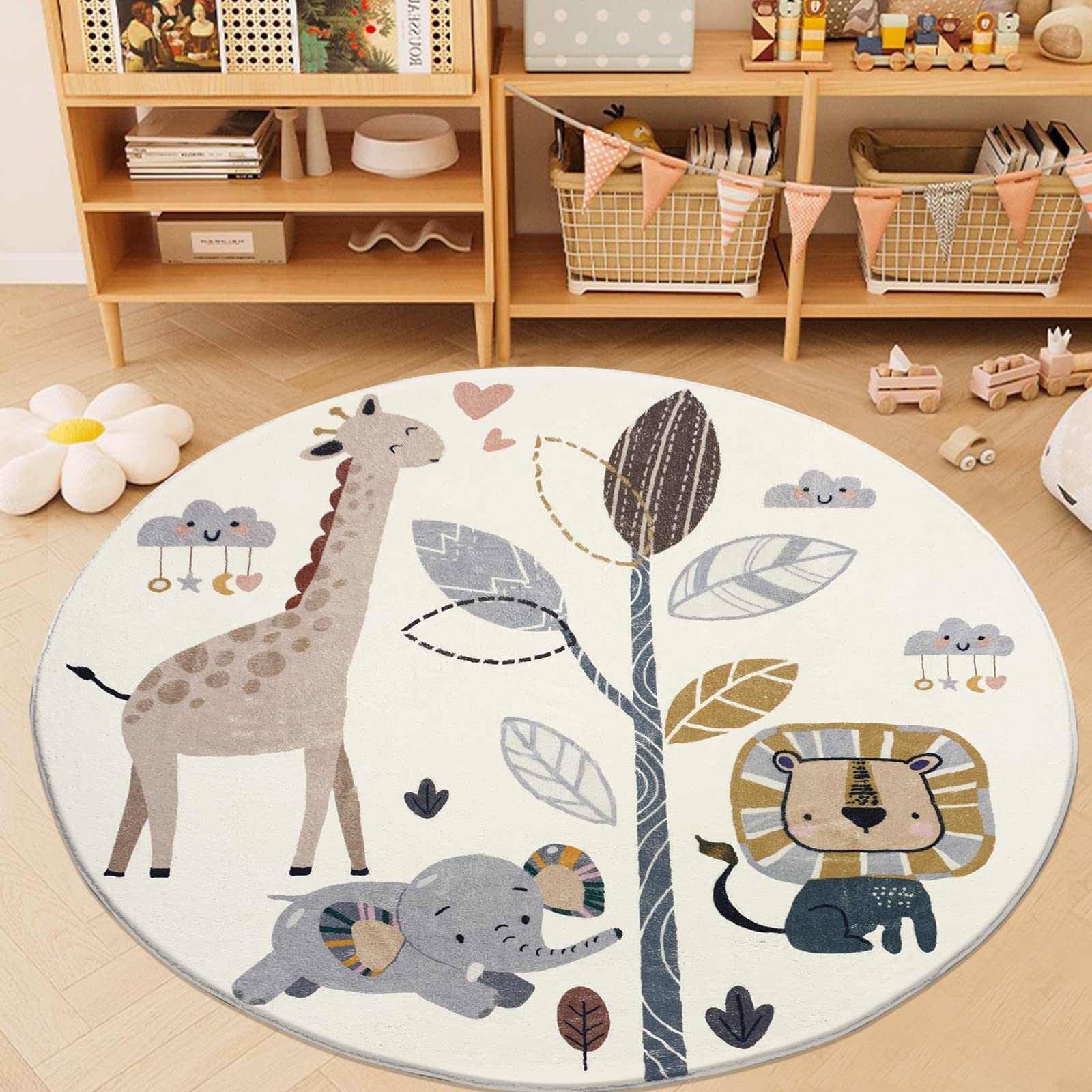 Photo 1 of USTIDE Fluffy Kids Play Rug 4FT, Round Faux Wool Cartoon Animal Area Rug Cute Kids Crawling Carpet Super Soft Mat for Children Playroom Bedroom Living Room Decor (Round, 47.2")