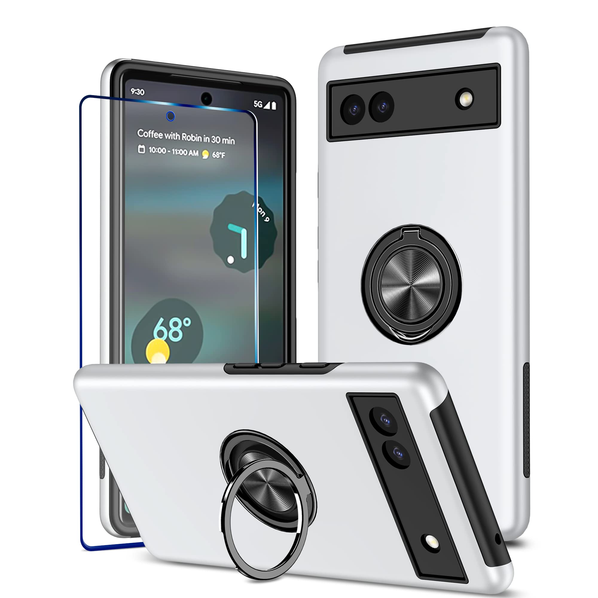 KRAFTCARE for Google Pixel 6a Case with Kickstand Ring and Screen Protector, Shockproof and Anti Scratch 360° Magnetic Ring Holder Stand Phone Cover for Google Pixel 6a - Sliver