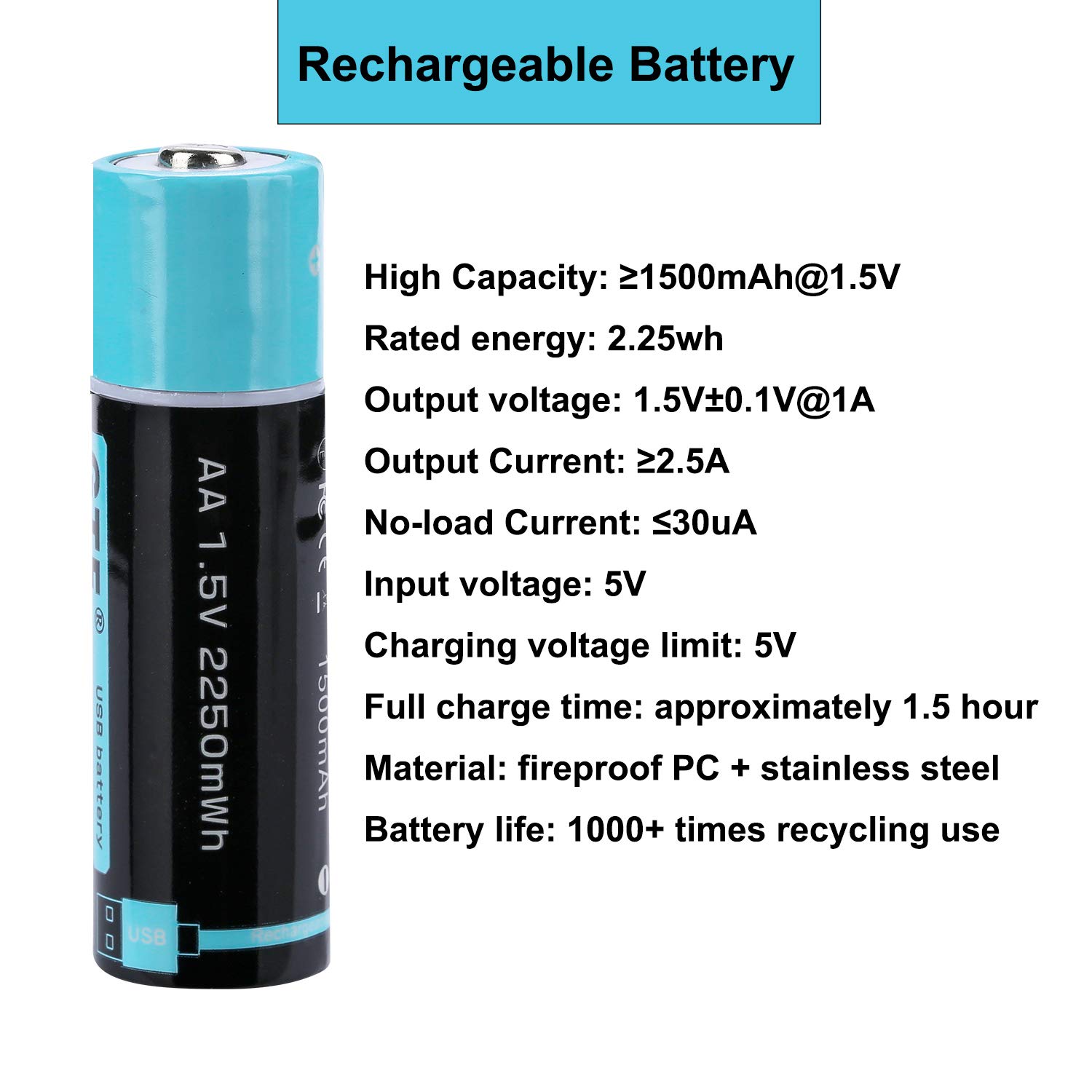 Rechargeable AA Batteries, 1500mAh Micro USB Charge, 1
