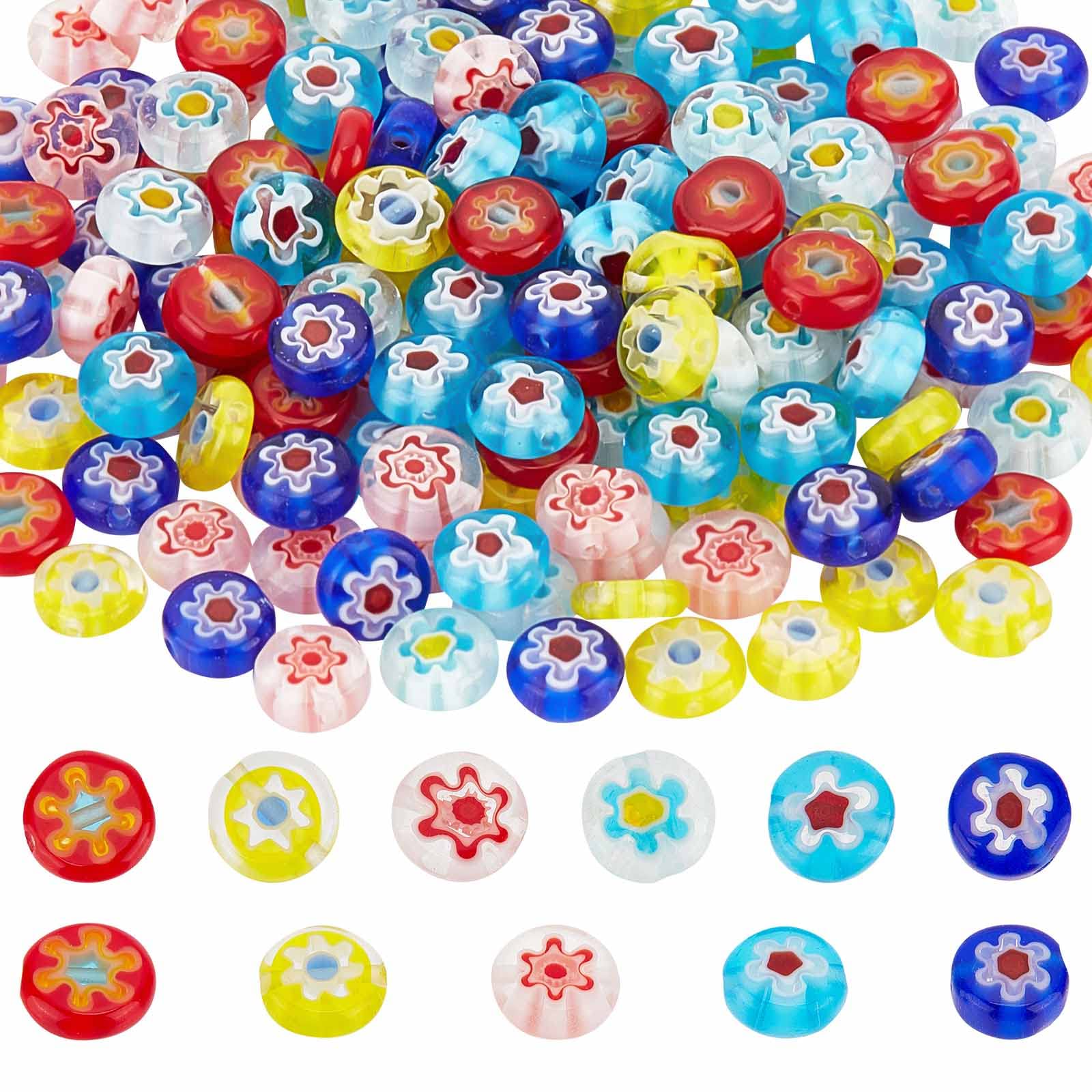 SUNNYCLUE 1 Box 180Pcs 6 Colors Flower Glass Beads Lampwork Handmade Millefiori Beads Flat Round Flower Loose Spacer Bead for jewellery Making Beading Supplies Beaded Bracelets Necklace Keychain Craft