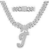 JNCTCOE Cuban Link Chain for Women Cursive Silver Initial 14MM Diamond Prong Cuban Chain Hip Hop Iced Out Chain Necklace Butterfly Initial Letter Name Necklaces for Women