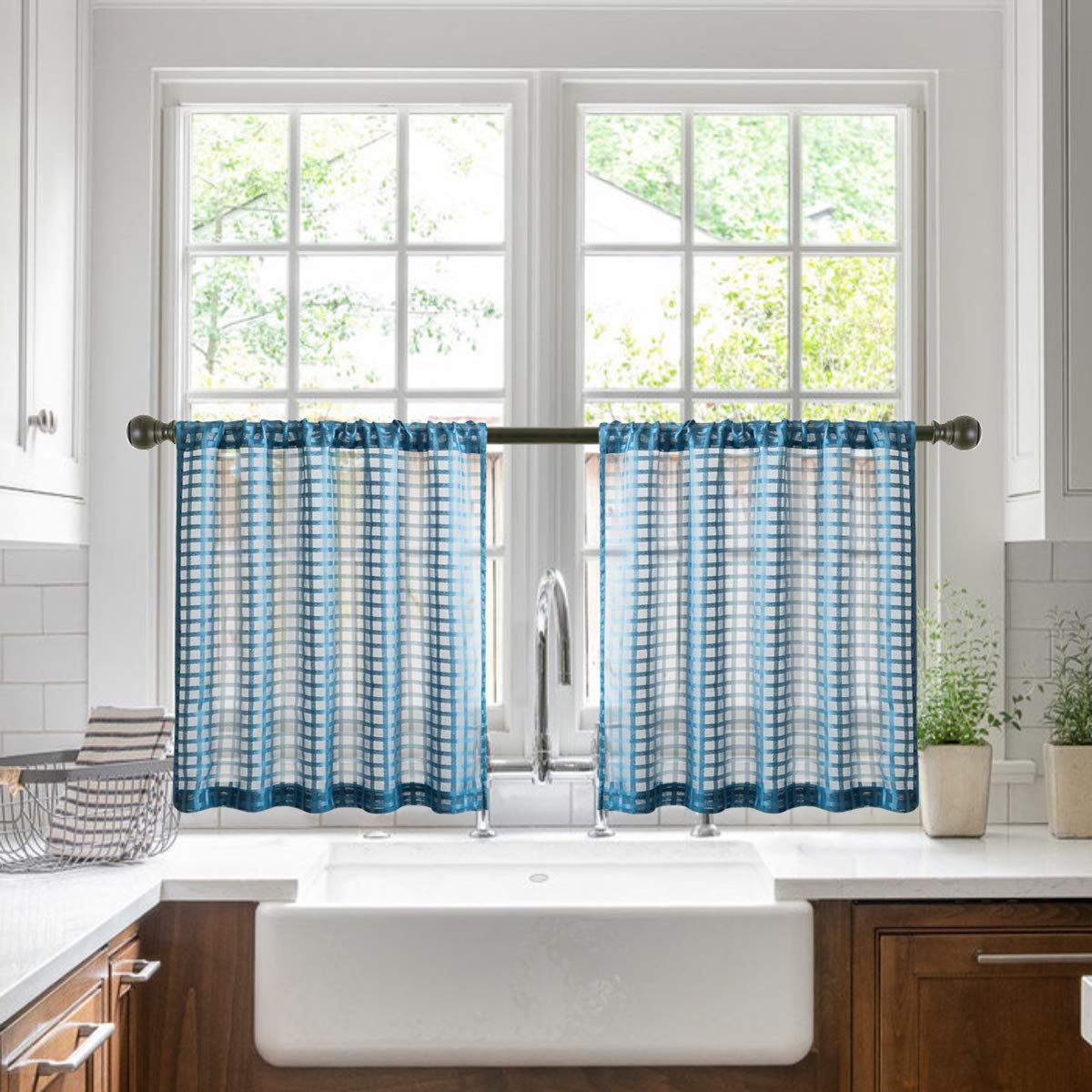 Jola's House Tier Curtains Kitchen Cafe Bathroom Window Curtain Panels, Classic Gingham Checkered Pattern Royal Blue Semi Sheer Curtains Rod Pocket (W34 x L24 Inch, 2 Panels)