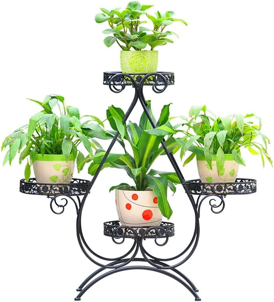 HZH Wrought Iron Flower Rack Floor Multi-layer Pot Rack European Living Room Balcony Planter Rack ( Color : Black )