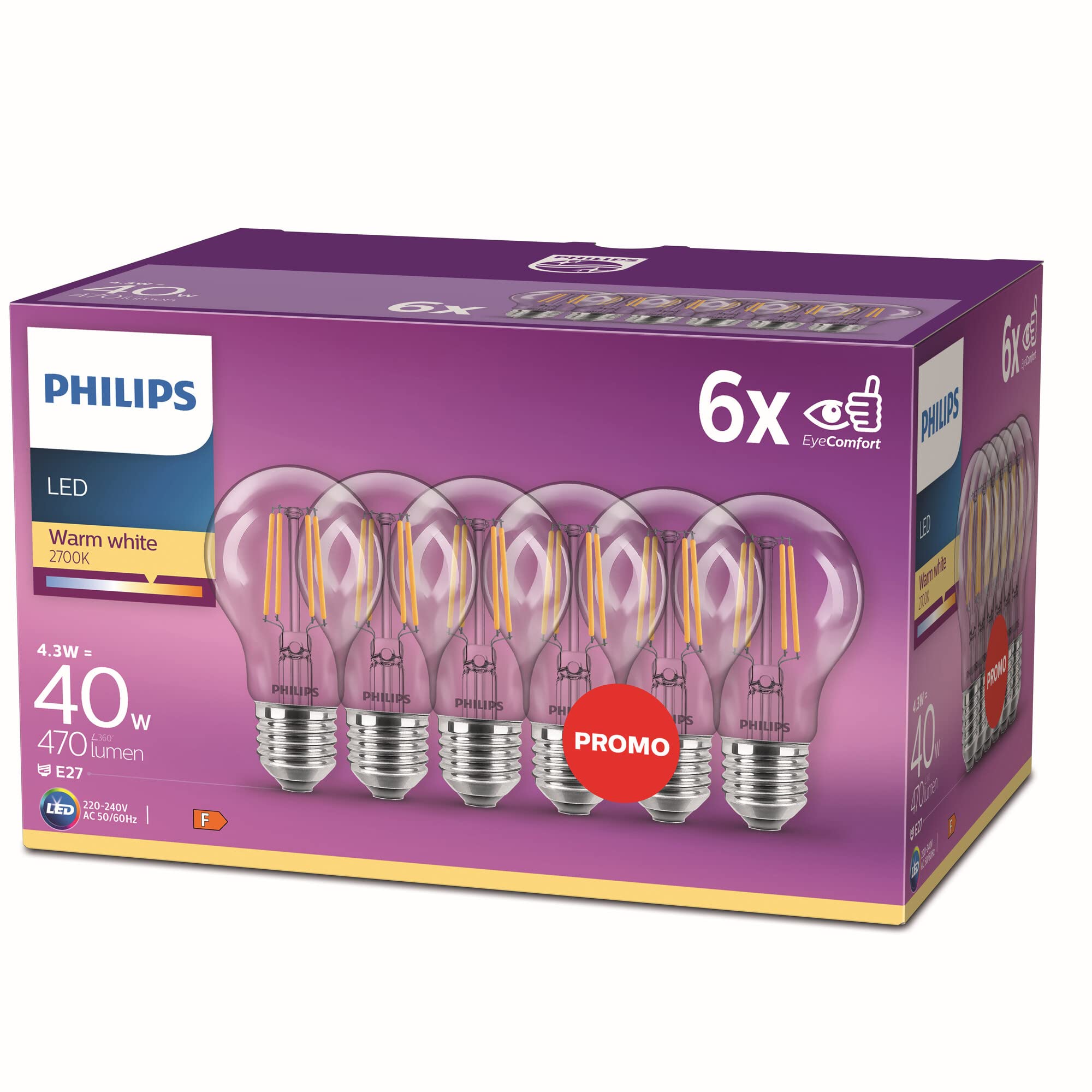 Philips LED Premium Classic Filament A60 Light Bulb 6 Pack [E27 Edison Screw] 4.3W - 40W Equivalent, Warm White (2700K)
