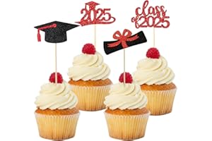 SANNIX 48Pcs Graduation Cupcake Toppers 2025, Glitter Graduation Picks Graduation Decorations Class of 2025 Congrats Grad Cap Diploma Cake Picks Topper for 2025 Graduation Party Supplies(Red)