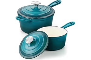 Enameled Cast Iron Sauce Pan with Lid, Leonyo 1 + 2 Quart Saucepan with Lid, Enamel Cast Iron Dutch Oven Kitchen Cookware for
