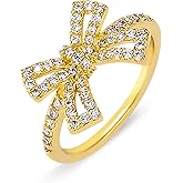 MOONWALTZ Gold Ring for Women Sparkly Summer Party Trendy Jewelry Gift for Women Anniversary Dainty Statement 14K Gold Plated Moon and Stars North Star Bow Knot Ribbon Rings