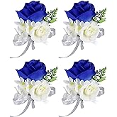 ChezMax Rose Boutonniere Handmade Flower Artificial Corsage with Clip and Ribbon 4 PCS for Bride Groom Wedding Prom Party