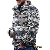 Zhyaj Western Fleece Sweatshirts for Men Vintage Aztec Print Pullover Gray Geometric Sweatshirts Casual Mens Sherpa Pullover Sweatshirts