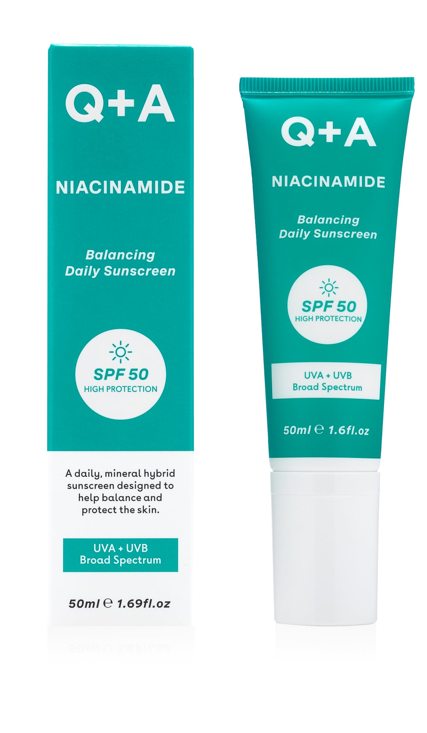Q+A Niacinamide SPF 50 Balancing Daily Sunscreen (50ml), Broad-Spectrum UVA/UVB Protection, Face Sunscreen with Aloe Vera, Oil Control and Pore Refining, Fragrance Free Skincare,Sun Protection