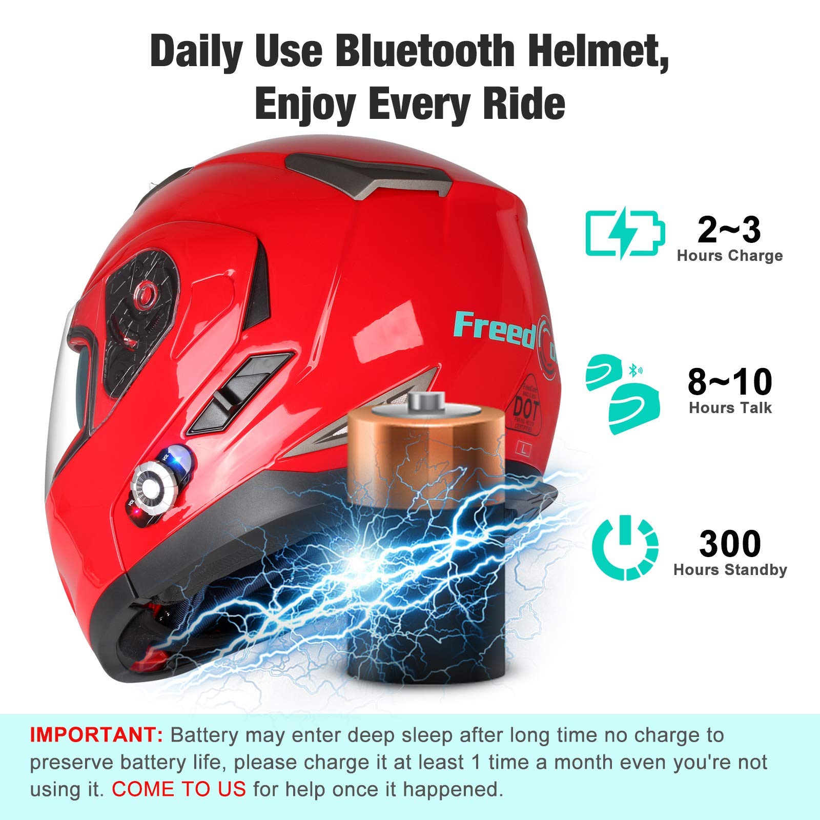 FreedConn BM2-S Bluetooth Motorcycle Helmet, Flip-Up Modular Motorbike Helmet, 500M Connectivity for 2-3 Riders, Voice Dial, Hands-Free Call, MP3, FM, DOT Certified ( Medium, Red)