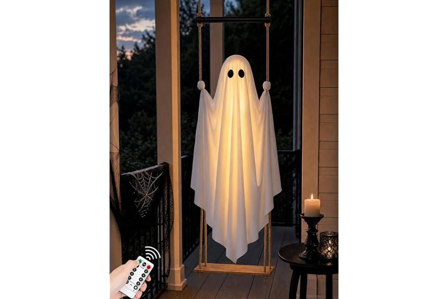 Halloween Decorations Outdoor 4.6FT Large Pre-Assembled Hanging Swing Ghost | ready-to-hang ghost,remote waterproof lights,stable&adjustable,sturdy–ideal for porches, trees, yards & entryways