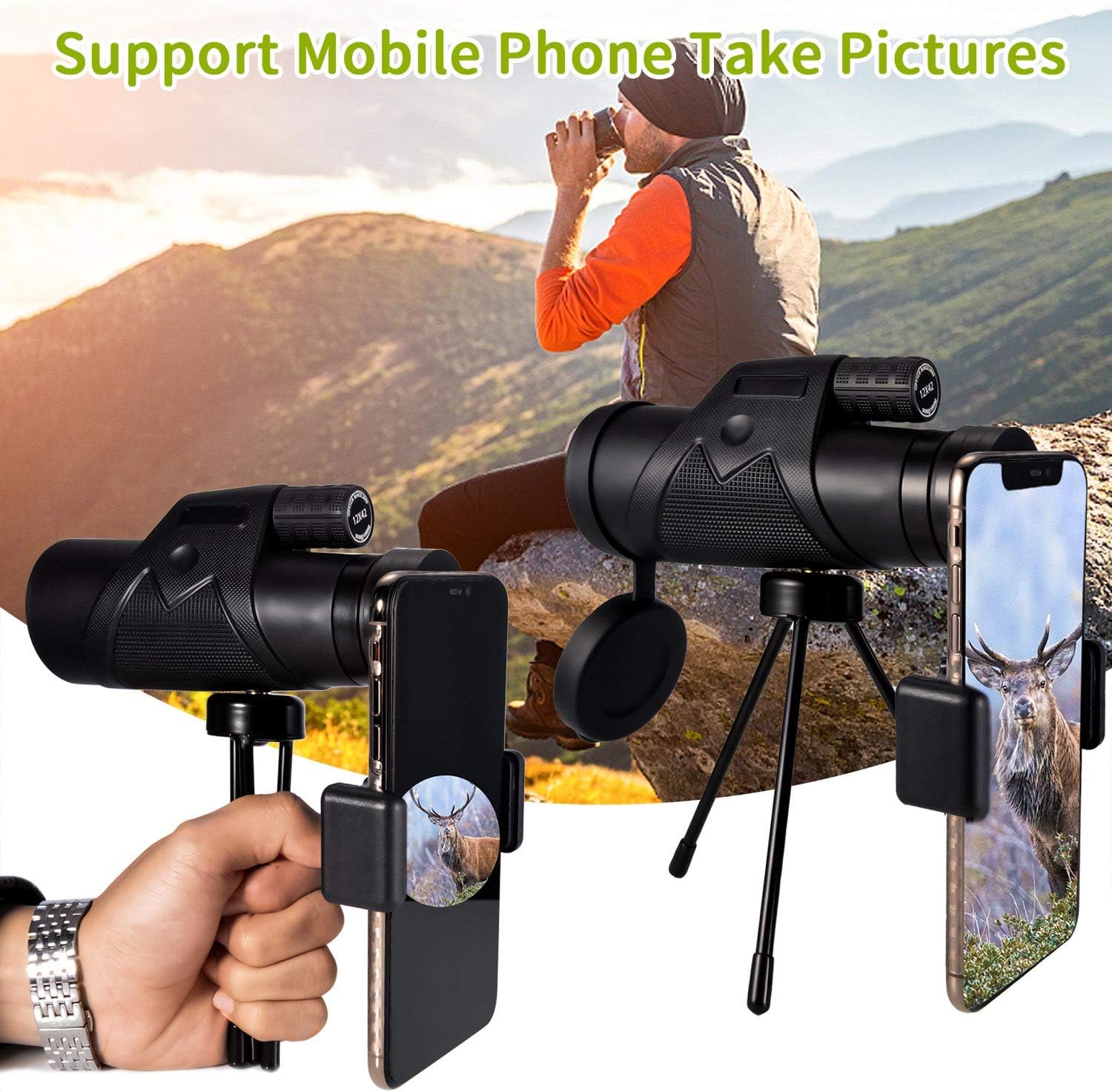 Monocular 12X42 Monocular Telesacope, HD Stars Monocular with Smartphone Holder and Tripod, Zoom Low Night Vision Monoculars for Adults Bird Watching Hiking Hunting Traveling : Camera & Photo