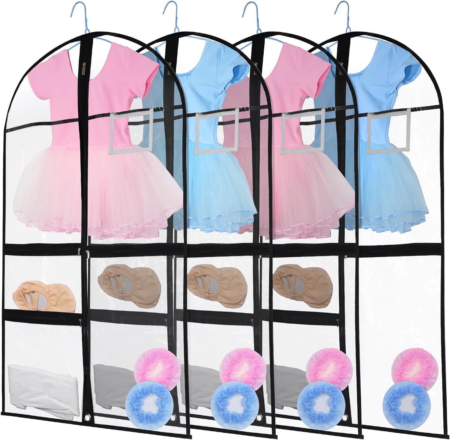 Clear dance costume bags，4 PCS Clothing storage bag，Hanging zipper garment bag，Clear garment bag，Suitable for dance costumes, sports, drama, beauty pageants