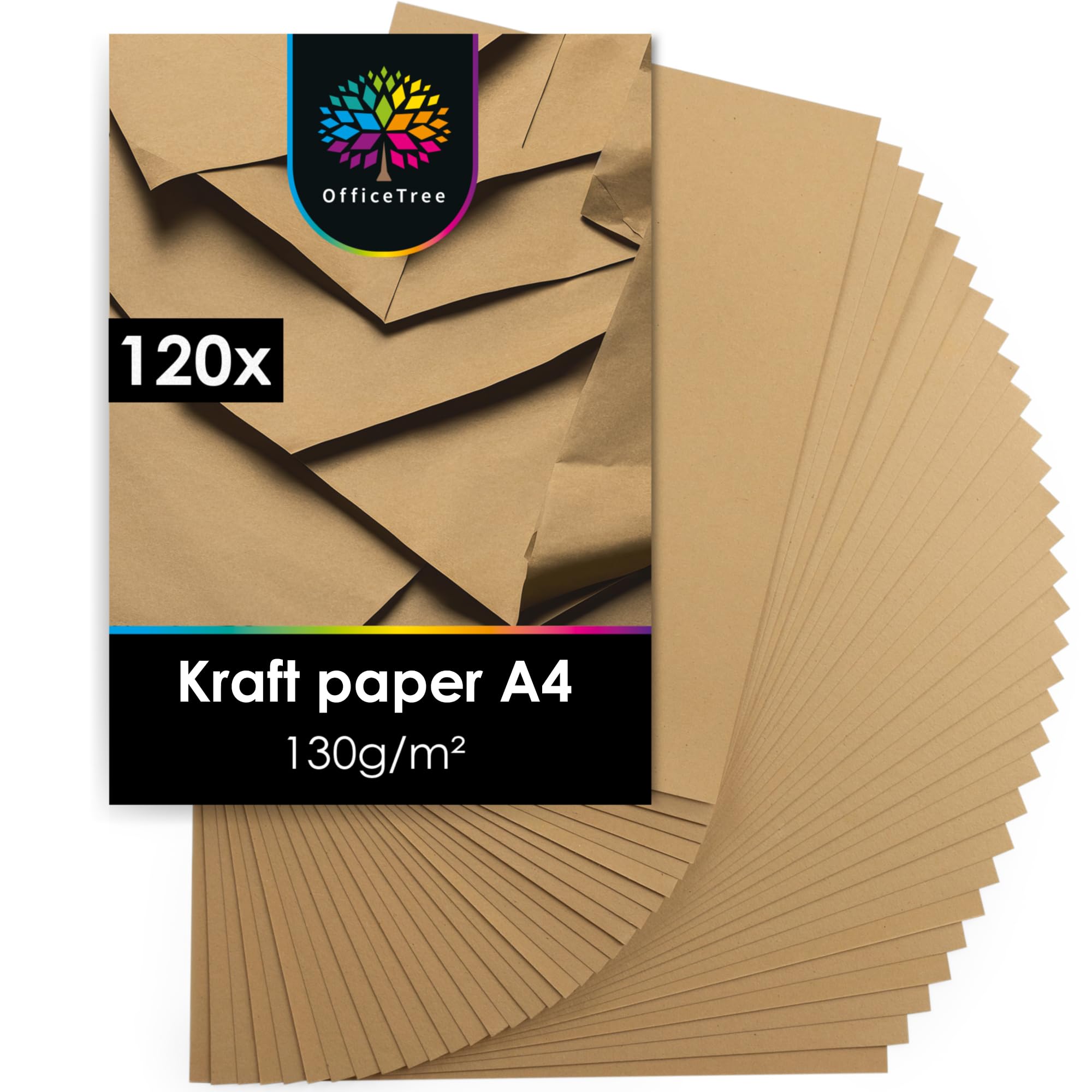 OfficeTree 120x Brown Paper A4-130gsm - Kraft Paper A4 for Crafts and Printer - Kraft Card for Gift Wrapping, DIY, Crafts - Brown Craft Card for Crafting