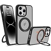 UGENINO Compatible with iPhone 14 Pro Max Case with 360° Rotatable Magnetic Ring Stand [Compatible with Mag-Safe] Translucent Shockproof Protective Phone Case for Women Men, Black