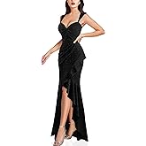 VFSHOW Womens Glitter Sweetheart V Neck Twist Front Backless Ruched Ruffle Slit Formal Evening Gown Maxi Dress
