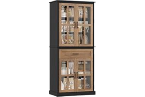 FOTOSOK 71'' Tall Kitchen Cabinet with Glass Doors and Drawer, Freestanding Food Pantry with Adjustable Shelves for Dining, Living Room, Natural